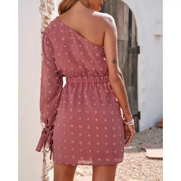 imageBTFBM Women One Shoulder Long Sleeve Casual Summer Dresses 2023 Spring Swiss Dot Split Flowy Short Mini ALine DressDot Dark Pink