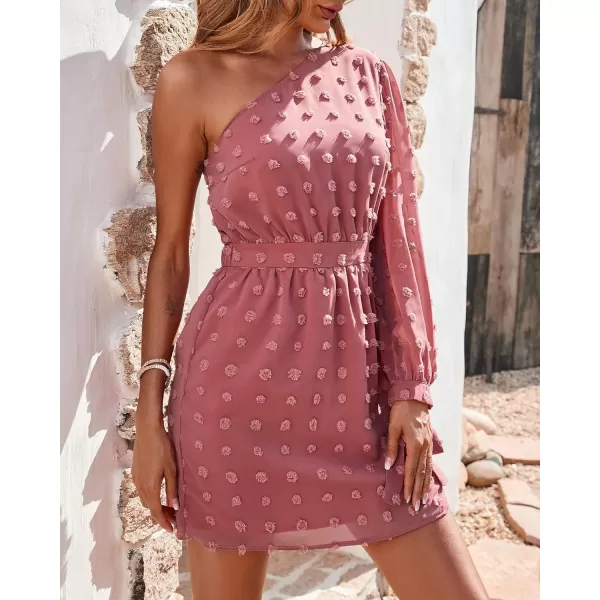 imageBTFBM Women One Shoulder Long Sleeve Casual Summer Dresses 2023 Spring Swiss Dot Split Flowy Short Mini ALine DressDot Dark Pink