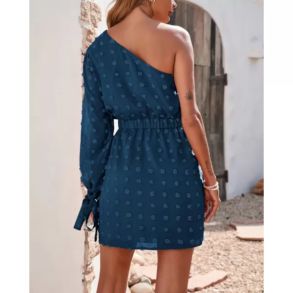 imageBTFBM Women One Shoulder Long Sleeve Casual Summer Dresses 2023 Spring Swiss Dot Split Flowy Short Mini ALine DressDot Lake Blue