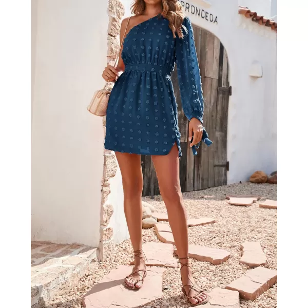 imageBTFBM Women One Shoulder Long Sleeve Casual Summer Dresses 2023 Spring Swiss Dot Split Flowy Short Mini ALine DressDot Lake Blue