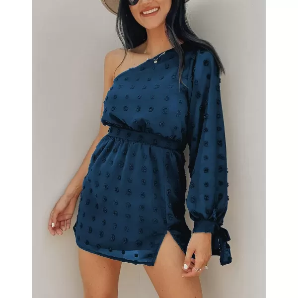 imageBTFBM Women One Shoulder Long Sleeve Casual Summer Dresses 2023 Spring Swiss Dot Split Flowy Short Mini ALine DressDot Lake Blue