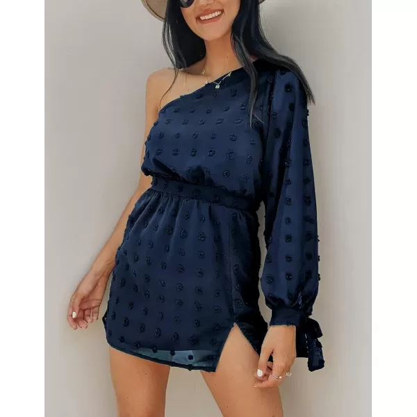 imageBTFBM Women One Shoulder Long Sleeve Casual Summer Dresses 2023 Spring Swiss Dot Split Flowy Short Mini ALine DressDot Navy