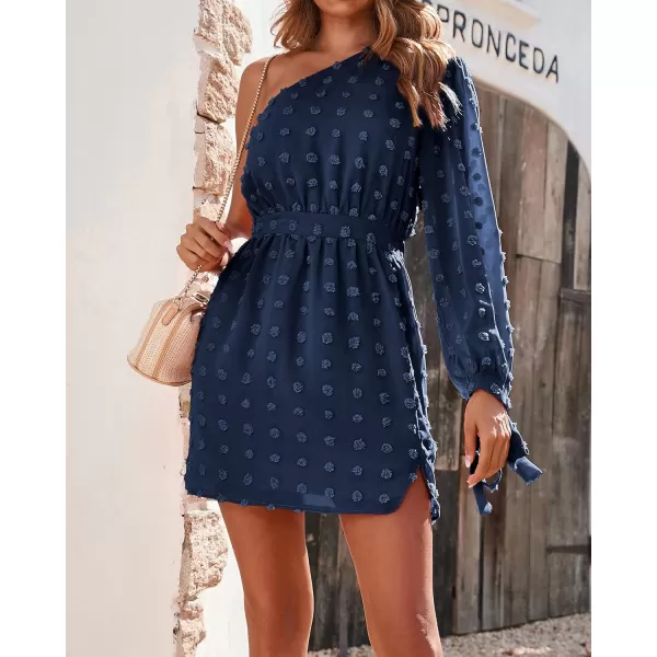 imageBTFBM Women One Shoulder Long Sleeve Casual Summer Dresses 2023 Spring Swiss Dot Split Flowy Short Mini ALine DressDot Navy