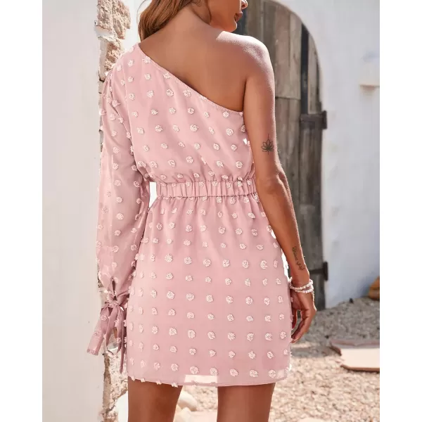 imageBTFBM Women One Shoulder Long Sleeve Casual Summer Dresses 2023 Spring Swiss Dot Split Flowy Short Mini ALine DressDot Pink