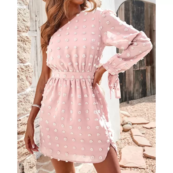 imageBTFBM Women One Shoulder Long Sleeve Casual Summer Dresses 2023 Spring Swiss Dot Split Flowy Short Mini ALine DressDot Pink