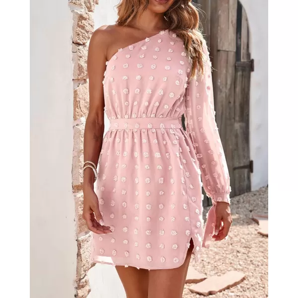 imageBTFBM Women One Shoulder Long Sleeve Casual Summer Dresses 2023 Spring Swiss Dot Split Flowy Short Mini ALine DressDot Pink