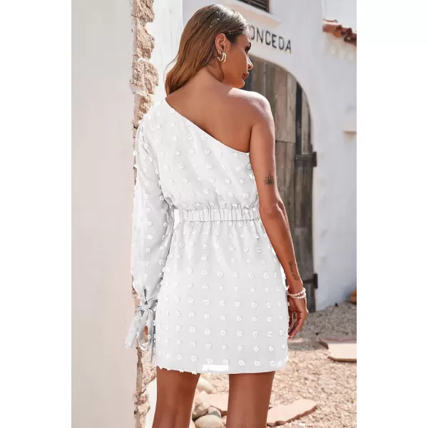 imageBTFBM Women One Shoulder Long Sleeve Casual Summer Dresses 2023 Spring Swiss Dot Split Flowy Short Mini ALine DressDot White