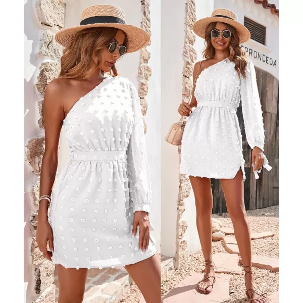imageBTFBM Women One Shoulder Long Sleeve Casual Summer Dresses 2023 Spring Swiss Dot Split Flowy Short Mini ALine DressDot White