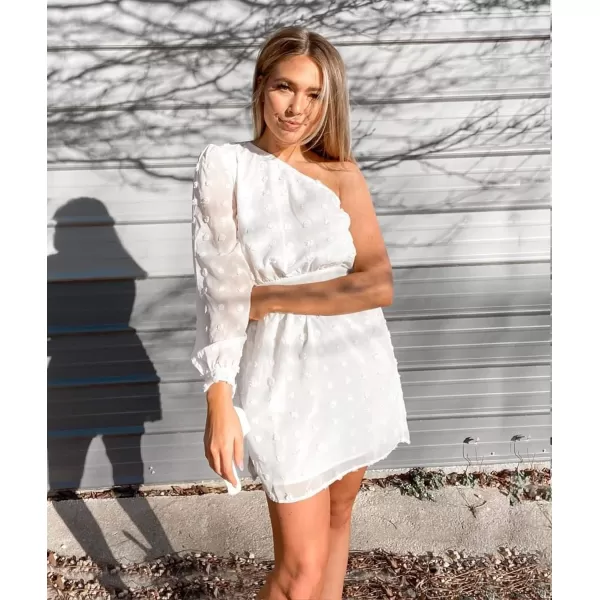 imageBTFBM Women One Shoulder Long Sleeve Casual Summer Dresses 2023 Spring Swiss Dot Split Flowy Short Mini ALine DressDot White