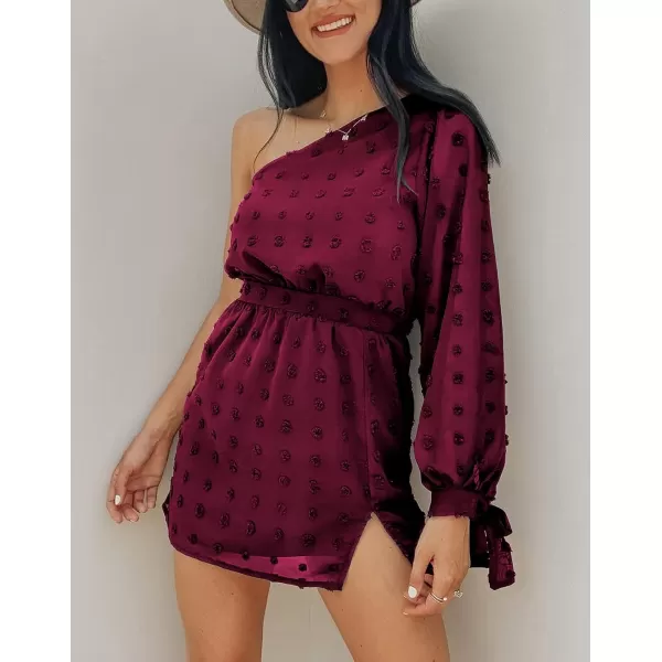 imageBTFBM Women One Shoulder Long Sleeve Casual Summer Dresses 2023 Spring Swiss Dot Split Flowy Short Mini ALine DressDot Wine Red