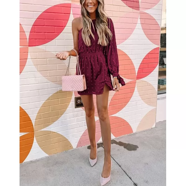 imageBTFBM Women One Shoulder Long Sleeve Casual Summer Dresses 2023 Spring Swiss Dot Split Flowy Short Mini ALine DressDot Wine Red