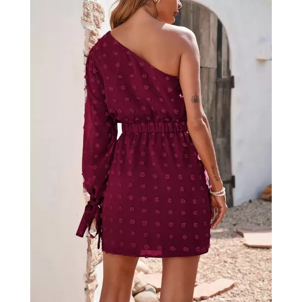 imageBTFBM Women One Shoulder Long Sleeve Casual Summer Dresses 2023 Spring Swiss Dot Split Flowy Short Mini ALine DressDot Wine Red