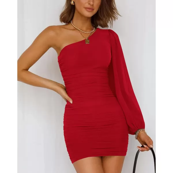 imageBTFBM Women One Shoulder Ruched Bodycon Mini Dress Puff Long Sleeve 2023 Spring Summer Club Party Cocktail Short DressesSolid Red