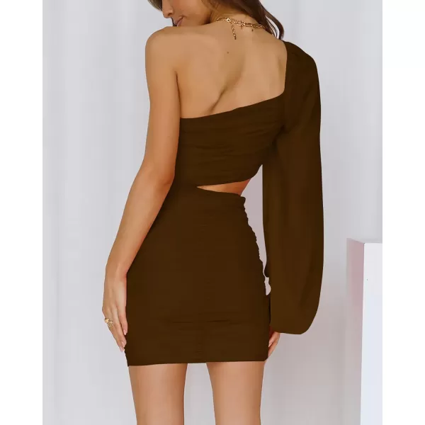 imageBTFBM Women One Shoulder Ruched Bodycon Mini Dress Puff Long Sleeve 2023 Spring Summer Club Party Cocktail Short DressesZcoffee