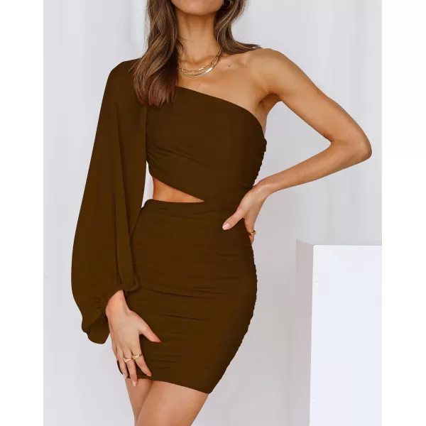 imageBTFBM Women One Shoulder Ruched Bodycon Mini Dress Puff Long Sleeve 2023 Spring Summer Club Party Cocktail Short DressesZcoffee
