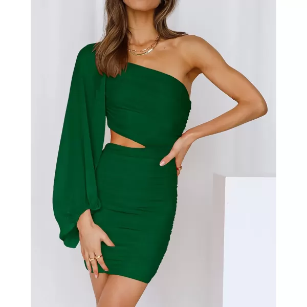 imageBTFBM Women One Shoulder Ruched Bodycon Mini Dress Puff Long Sleeve 2023 Spring Summer Club Party Cocktail Short DressesZdark Green