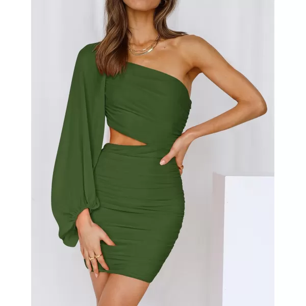 imageBTFBM Women One Shoulder Ruched Bodycon Mini Dress Puff Long Sleeve 2023 Spring Summer Club Party Cocktail Short DressesZlight Army Green