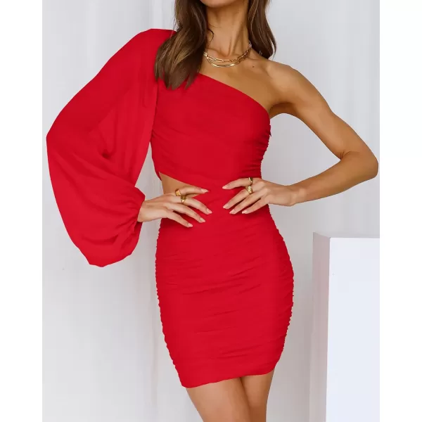 imageBTFBM Women One Shoulder Ruched Bodycon Mini Dress Puff Long Sleeve 2023 Spring Summer Club Party Cocktail Short DressesZred