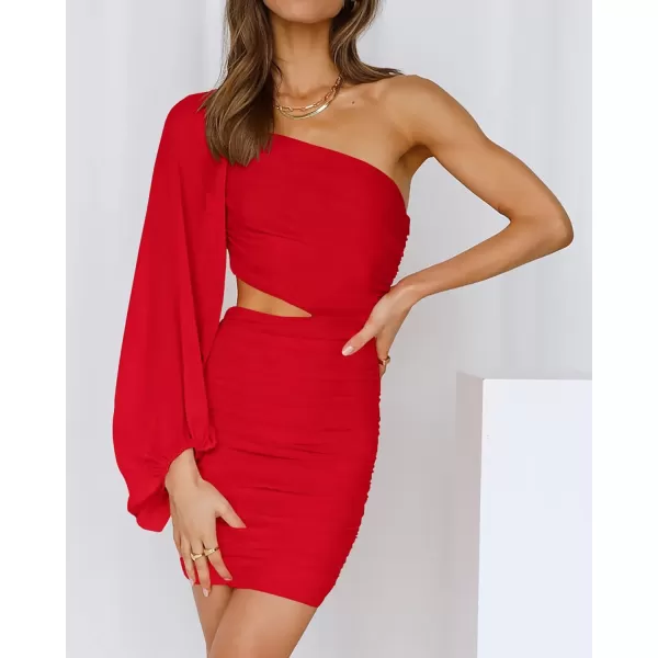 imageBTFBM Women One Shoulder Ruched Bodycon Mini Dress Puff Long Sleeve 2023 Spring Summer Club Party Cocktail Short DressesZred