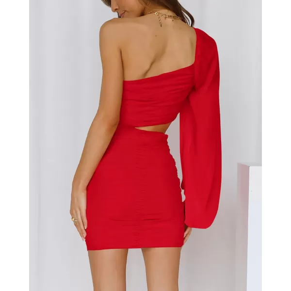 imageBTFBM Women One Shoulder Ruched Bodycon Mini Dress Puff Long Sleeve 2023 Spring Summer Club Party Cocktail Short DressesZred
