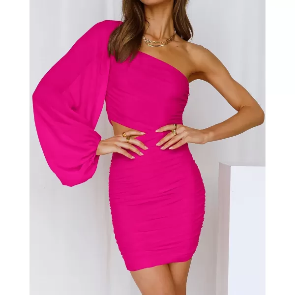 imageBTFBM Women One Shoulder Ruched Bodycon Mini Dress Puff Long Sleeve 2023 Spring Summer Club Party Cocktail Short DressesZrose Red