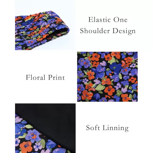 imageBTFBM Women One Shoulder Sleeveless Casual Summer Dresses 2023 Smocked High Waist Floral Flowy Beach Boho Maxi DressFloral Black Blue