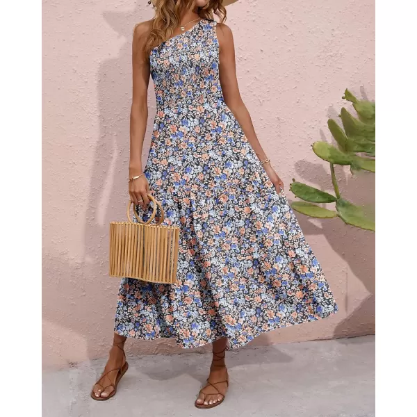 imageBTFBM Women One Shoulder Sleeveless Casual Summer Dresses 2023 Smocked High Waist Floral Flowy Beach Boho Maxi DressFloral Black Orange Blue
