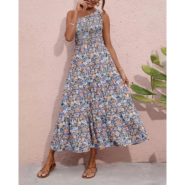 imageBTFBM Women One Shoulder Sleeveless Casual Summer Dresses 2023 Smocked High Waist Floral Flowy Beach Boho Maxi DressFloral Black Orange Blue