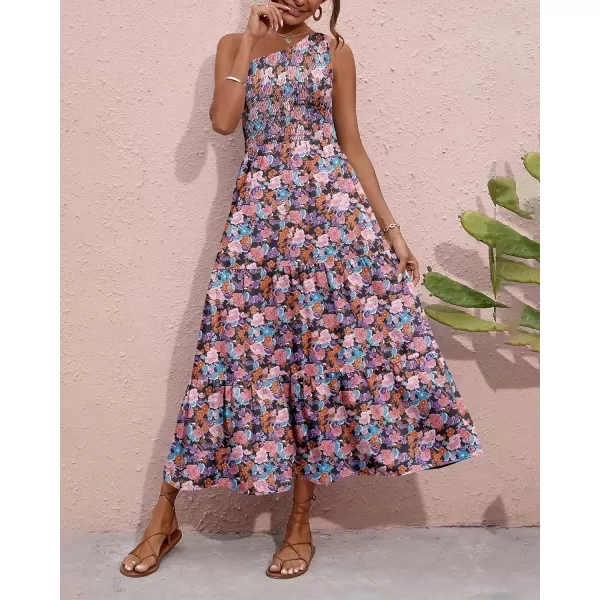 imageBTFBM Women One Shoulder Sleeveless Casual Summer Dresses 2023 Smocked High Waist Floral Flowy Beach Boho Maxi DressFloral Black Pink Blue