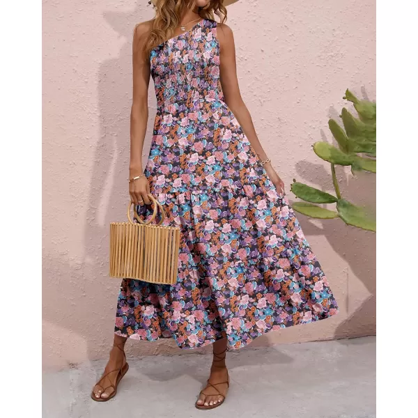 imageBTFBM Women One Shoulder Sleeveless Casual Summer Dresses 2023 Smocked High Waist Floral Flowy Beach Boho Maxi DressFloral Black Pink Blue