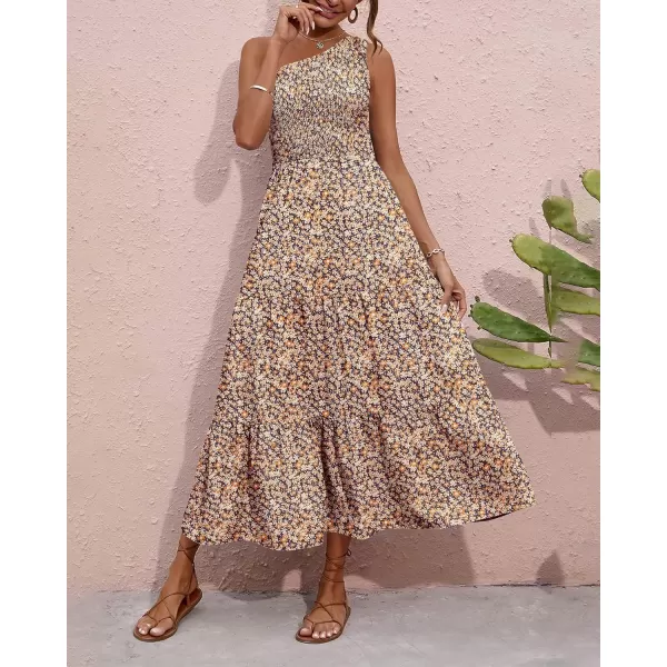 imageBTFBM Women One Shoulder Sleeveless Casual Summer Dresses 2023 Smocked High Waist Floral Flowy Beach Boho Maxi DressFloral Black Yellow