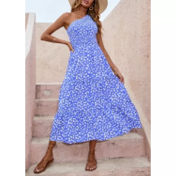 imageBTFBM Women One Shoulder Sleeveless Casual Summer Dresses 2023 Smocked High Waist Floral Flowy Beach Boho Maxi DressFloral Blue White