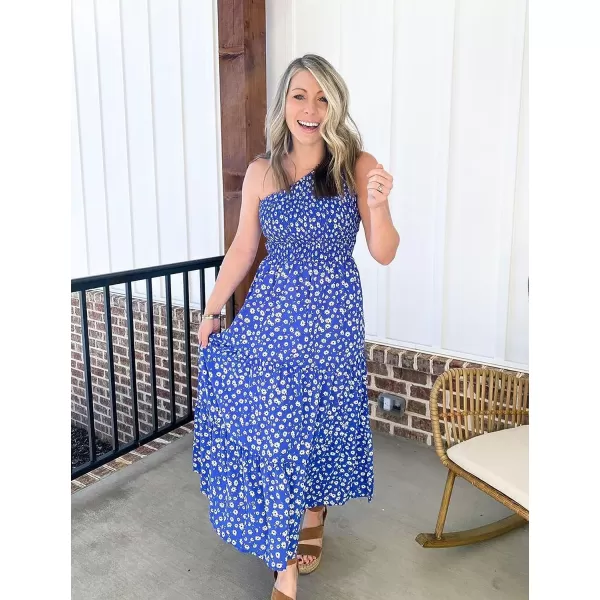imageBTFBM Women One Shoulder Sleeveless Casual Summer Dresses 2023 Smocked High Waist Floral Flowy Beach Boho Maxi DressFloral Blue White