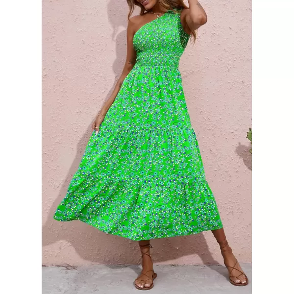 imageBTFBM Women One Shoulder Sleeveless Casual Summer Dresses 2023 Smocked High Waist Floral Flowy Beach Boho Maxi DressFloral Green Blue