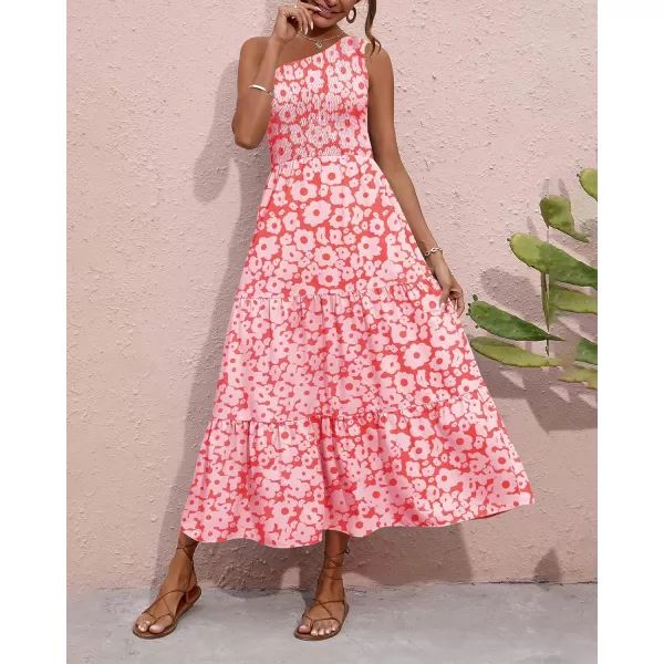 imageBTFBM Women One Shoulder Sleeveless Casual Summer Dresses 2023 Smocked High Waist Floral Flowy Beach Boho Maxi DressFloral Orange Pink