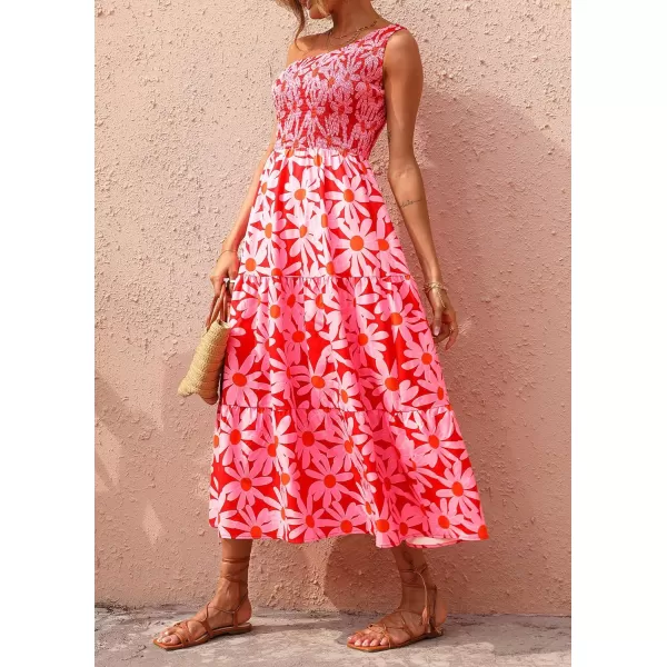 imageBTFBM Women One Shoulder Sleeveless Casual Summer Dresses 2023 Smocked High Waist Floral Flowy Beach Boho Maxi DressFloral Red