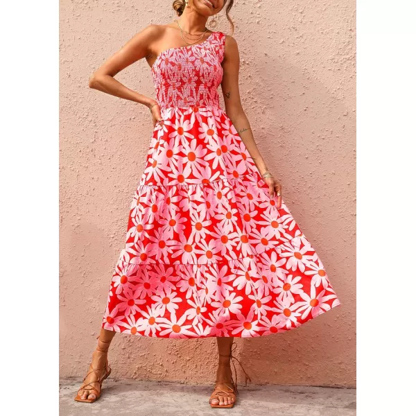 imageBTFBM Women One Shoulder Sleeveless Casual Summer Dresses 2023 Smocked High Waist Floral Flowy Beach Boho Maxi DressFloral Red