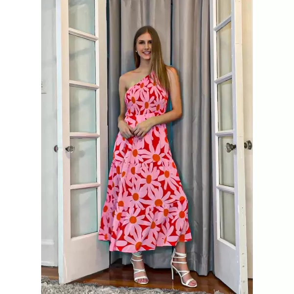 imageBTFBM Women One Shoulder Sleeveless Casual Summer Dresses 2023 Smocked High Waist Floral Flowy Beach Boho Maxi DressFloral Red