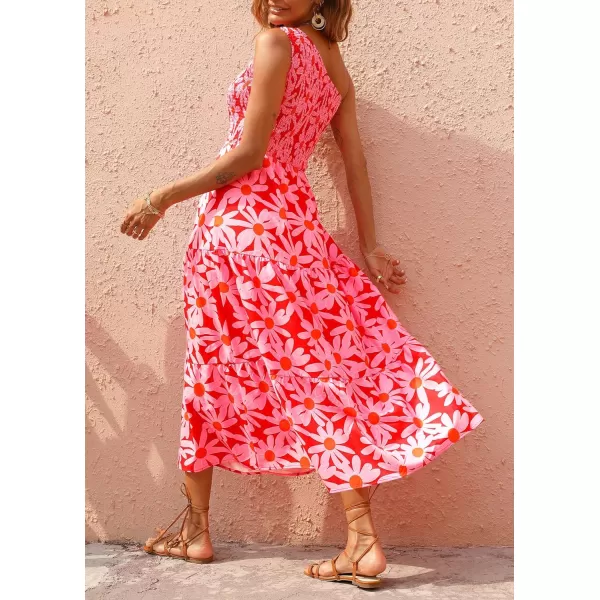 imageBTFBM Women One Shoulder Sleeveless Casual Summer Dresses 2023 Smocked High Waist Floral Flowy Beach Boho Maxi DressFloral Red