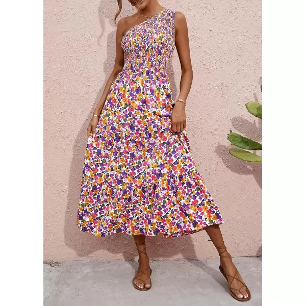 imageBTFBM Women One Shoulder Sleeveless Casual Summer Dresses 2023 Smocked High Waist Floral Flowy Beach Boho Maxi DressFloral White Purple