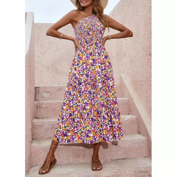 imageBTFBM Women One Shoulder Sleeveless Casual Summer Dresses 2023 Smocked High Waist Floral Flowy Beach Boho Maxi DressFloral White Purple