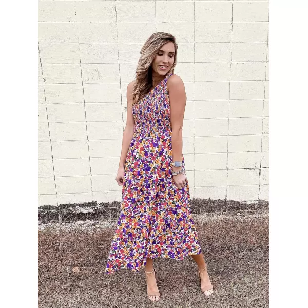 imageBTFBM Women One Shoulder Sleeveless Casual Summer Dresses 2023 Smocked High Waist Floral Flowy Beach Boho Maxi DressFloral White Purple
