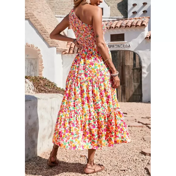 imageBTFBM Women One Shoulder Sleeveless Casual Summer Dresses 2023 Smocked High Waist Floral Flowy Beach Boho Maxi DressFloral White Red