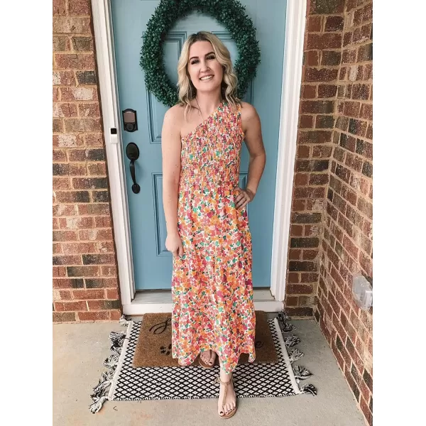 imageBTFBM Women One Shoulder Sleeveless Casual Summer Dresses 2023 Smocked High Waist Floral Flowy Beach Boho Maxi DressFloral White Red