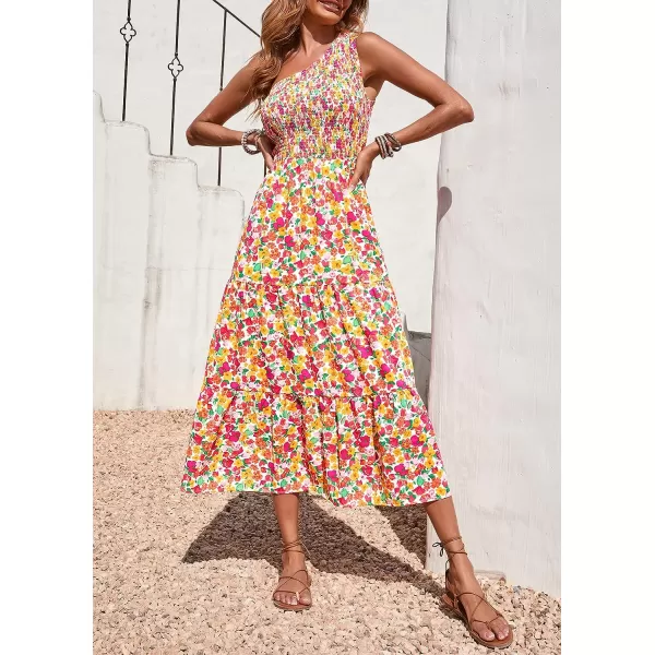 imageBTFBM Women One Shoulder Sleeveless Casual Summer Dresses 2023 Smocked High Waist Floral Flowy Beach Boho Maxi DressFloral White Red