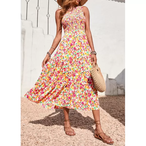 imageBTFBM Women One Shoulder Sleeveless Casual Summer Dresses 2023 Smocked High Waist Floral Flowy Beach Boho Maxi DressFloral White Red