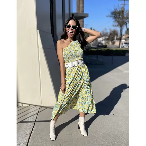 imageBTFBM Women One Shoulder Sleeveless Casual Summer Dresses 2023 Smocked High Waist Floral Flowy Beach Boho Maxi DressFloral White Yellow