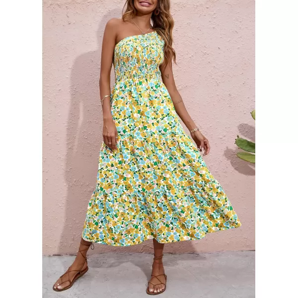 imageBTFBM Women One Shoulder Sleeveless Casual Summer Dresses 2023 Smocked High Waist Floral Flowy Beach Boho Maxi DressFloral White Yellow