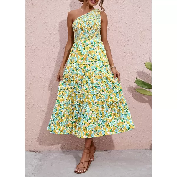 imageBTFBM Women One Shoulder Sleeveless Casual Summer Dresses 2023 Smocked High Waist Floral Flowy Beach Boho Maxi DressFloral White Yellow