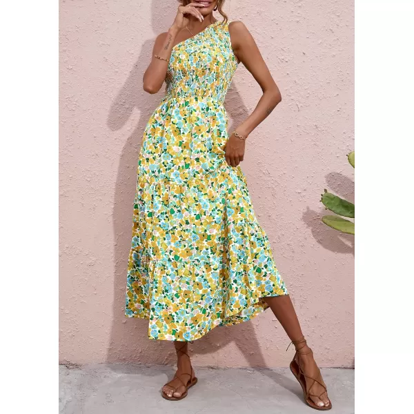 imageBTFBM Women One Shoulder Sleeveless Casual Summer Dresses 2023 Smocked High Waist Floral Flowy Beach Boho Maxi DressFloral White Yellow